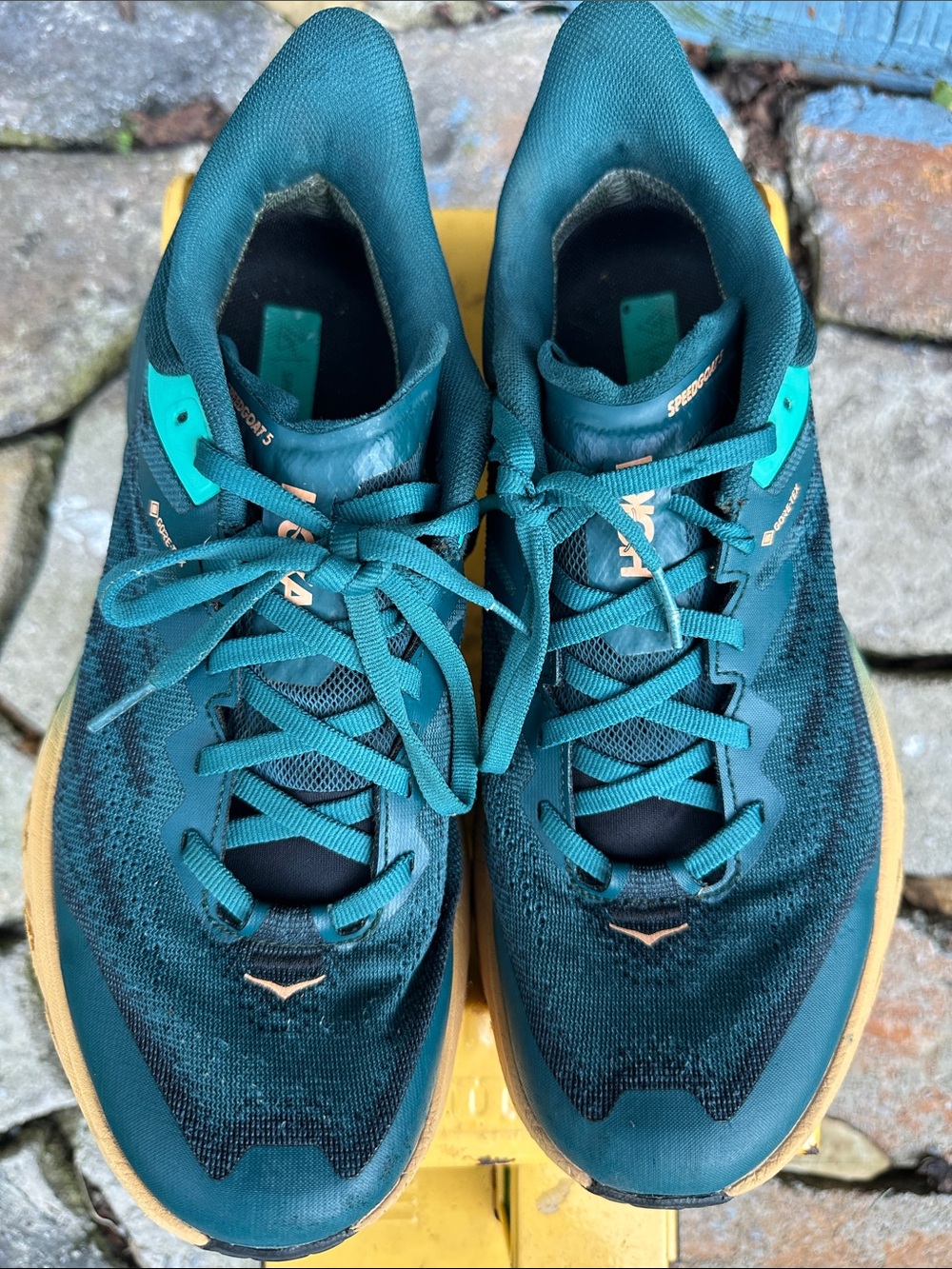 Hoka Men's Teal and Gold Trail Running Sneakers